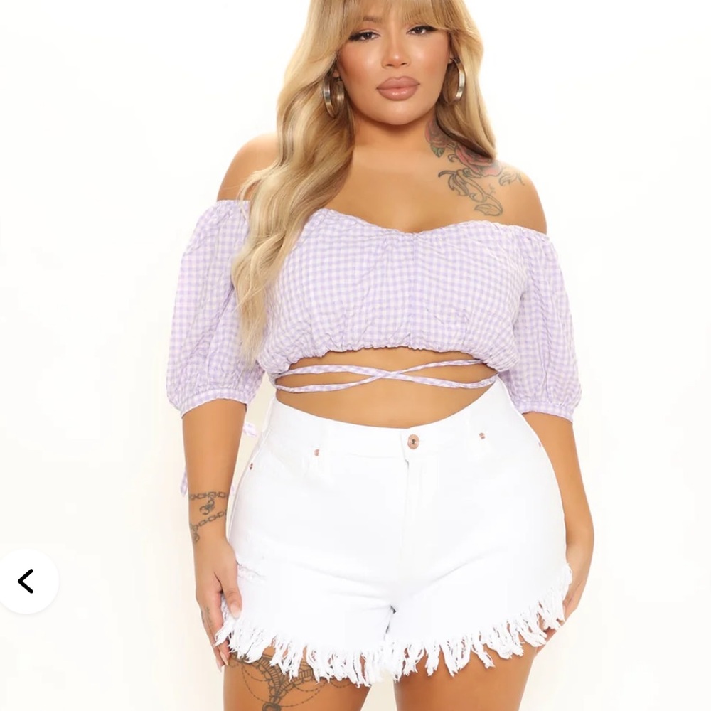 Fashion Nova Purple Gingham Off-Shoulder Top